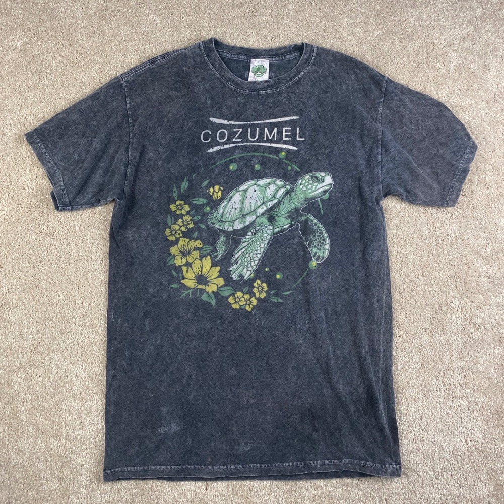 Reef Cancun Cozumel Sea Turtle Graphic Tee Gray Acid Wash Medium